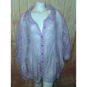 White Stag Lavender Sheer 3/4 Sleeve Button Up Blouse Sz 26W/28W
